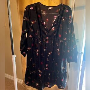 Floral V-Neck Black Midi Dress - Women’s Dress